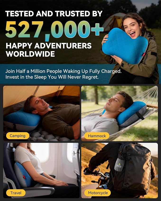 Hikenture Camping Pillow with Removable Cover, Ultralight Inflatable Pillow | Ergonomic Neck Lumber Support, Upgrade Leakproof Backpacking Pillow, Portable Packable for Hiking, Beach, Travel