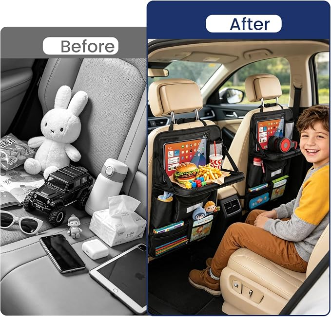 MoKo Car Organizer Back Seat, Backseat Car Organizer with Foldable Table Tray, 8 Pockets, Back Seat Organizer with Transparent Tablet Pocket for Road Trip, 600D Oxford Cloth, 1 Pack, Black