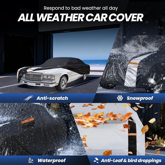 Multi-Layer Car Cover Custom Fit for Cadillac DeVille(1994-1999), 100% Waterproof All Weather for Automobiles, Gift with Towel, Heavy Duty Car Covers for Rain Sun UV Protection with Door Zipper.