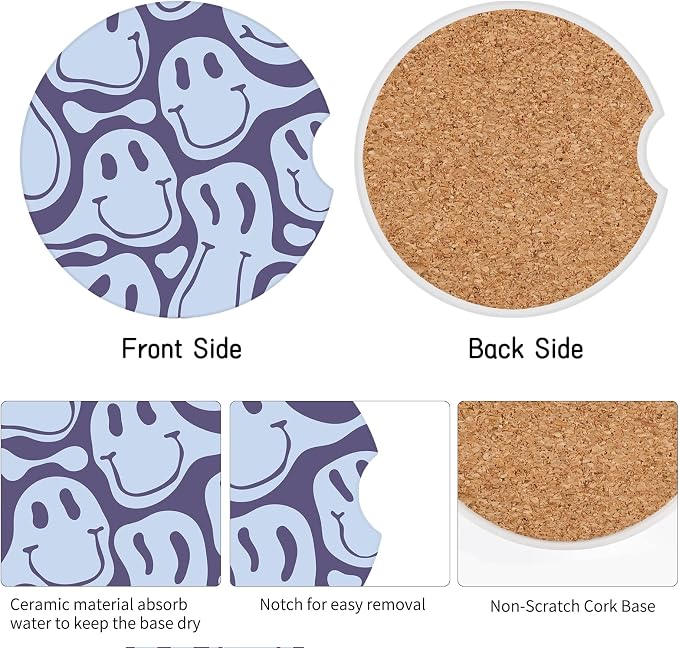 Car Coasters,Purple Smily Absorbent 2 Pack for Cup Holders with Finger Notch,2.56 inches Ceramics Heat Resistant Anti Slip Cork Base Car Drinks Coasters Auto Cup Holder(Blue Smily)