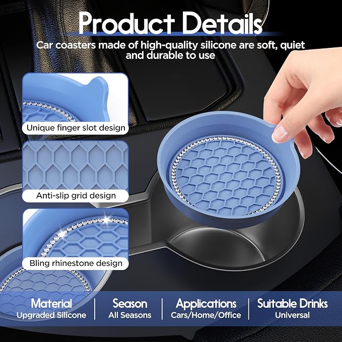 Amooca Car Cup Coaster Universal Non-Slip Cup Holders Bling Crystal Rhinestone Car Interior Accessories 2 Pack Gray Blue