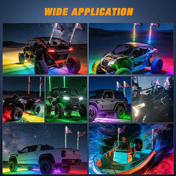 Nilight 2PCS 4FT RGB LED Whip Light with Spring Base and 6 PCS Rock Lights Combo, Remote App Control w/DIY Chasing Patterns Turn Signal Brake Reverse Antenna Lighted Whips for ATV UTV Polaris RZR Jeep
