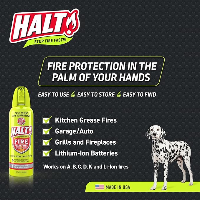 HALT! 10oz Fire Safety Spray – Non-Toxic, PFAS-Free Handheld Fire Suppressor – Easy to Use, Store & Find – Compact & Portable for Home, Kitchen, Car, BBQ, Camping & Tailgate – Made in USA (2pk)