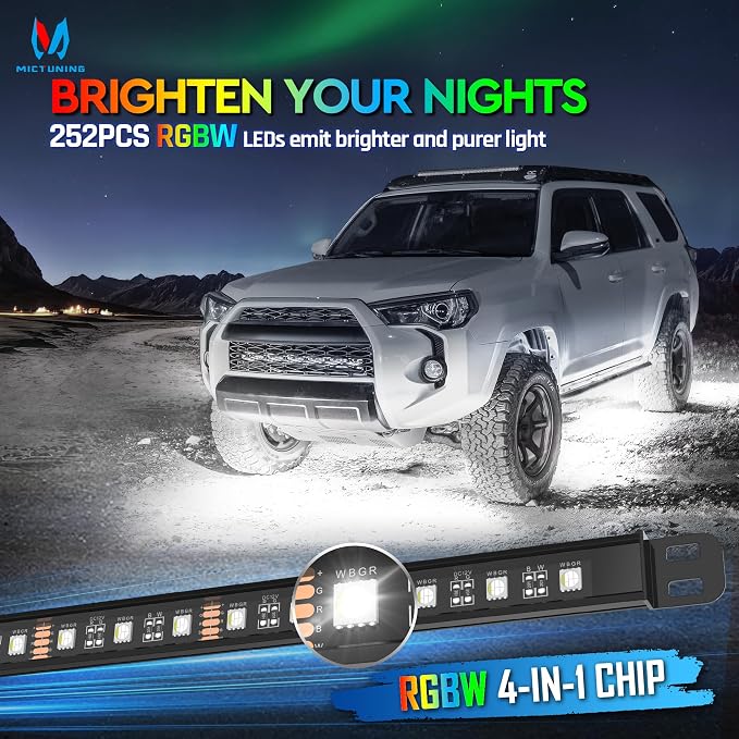 MICTUNING N8 RGBW Underglow Light Bars for SUVs, App/Remote Control, Aluminum Housing Waterproof, Exterior Neon Accent Underbody LED Light Strips, w/ 2pcs 9.8ft Extension Cords, 8PCS