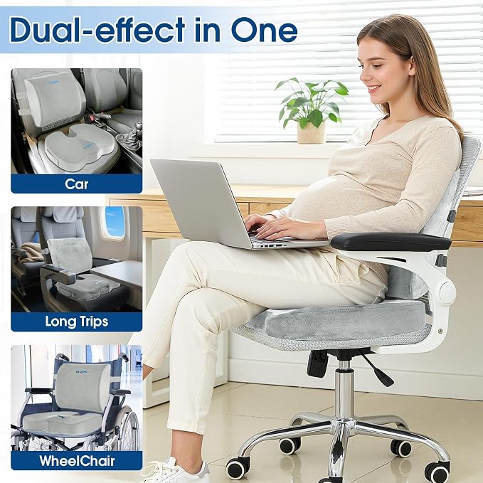 CloudBliss Lumbar Support Pillow & Seat Cushion Set for Office Chair, Desk Chair, Wheelchair & Car – Memory Foam Back Support, Ergonomic Chair Cushions, Sciatica Pain Relief,Home Essentials,Light Grey
