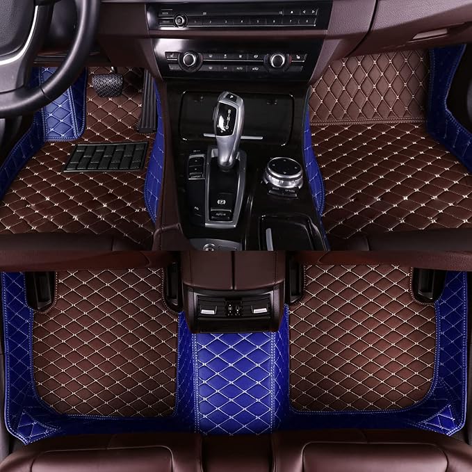 Custom Making Car Floor Mats for 90% Car Model Luxury Leather All Weather Waterproof Anti-Skid Full Coverage Liners (Coffee and Blue)