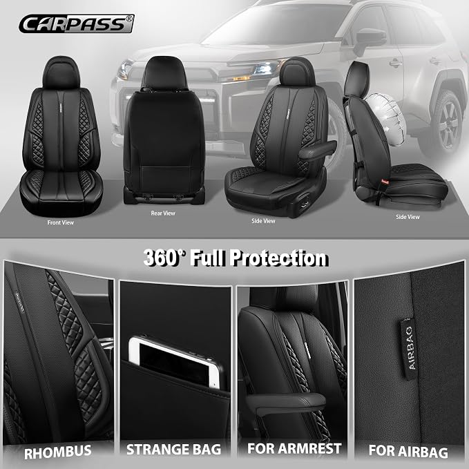 CAR PASS Nappa Leather Car Seat Covers Full Set, Luxury Seat Protector for Cars, Waterproof Anti-Slip PU Seat Cushion Airbag Armrest Compatible Universal for Sedan SUV Pick-up Truck Auto, All Black