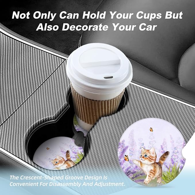Lavender Butterfly Cute Cat Car Coasters for Cup Holders,2 Pack Car Cup Holder Coasters for Car,Ceramic Absorbent Car Coaster with A Finger Notch and Cork Base,Car Interior Accessories for Women Men