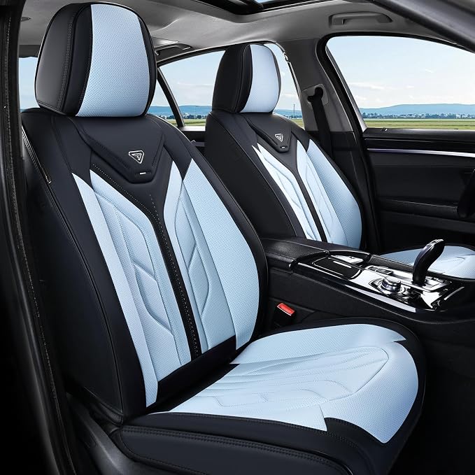 Coverado Seat Covers, Car Seat Covers Front Seats, Leather Seat Covers for Cars, Automotive Seat Covers Car Seat Protector Car Seat Cushion Universal Fit for Most Sedans SUV Truck(Black&Light Blue)