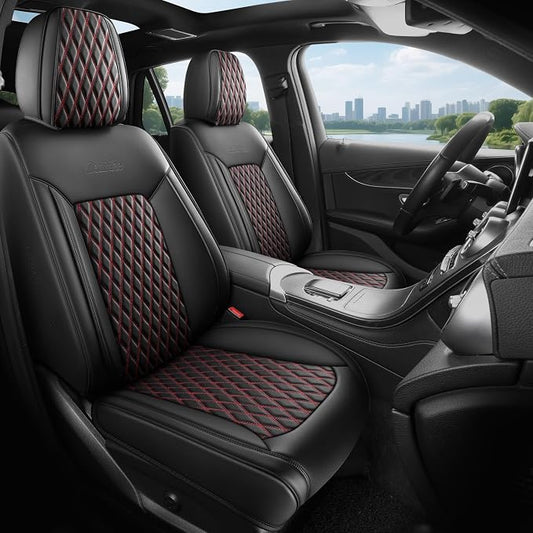 Black and Red Thick Nappa Leather Automotive Front Car Seat Covers Set of 2 | Univerasal Precision Fit,3D Contoured,Waterproof,ThickTexture Nappa Leather,for most Suvs Trucks Sedans
