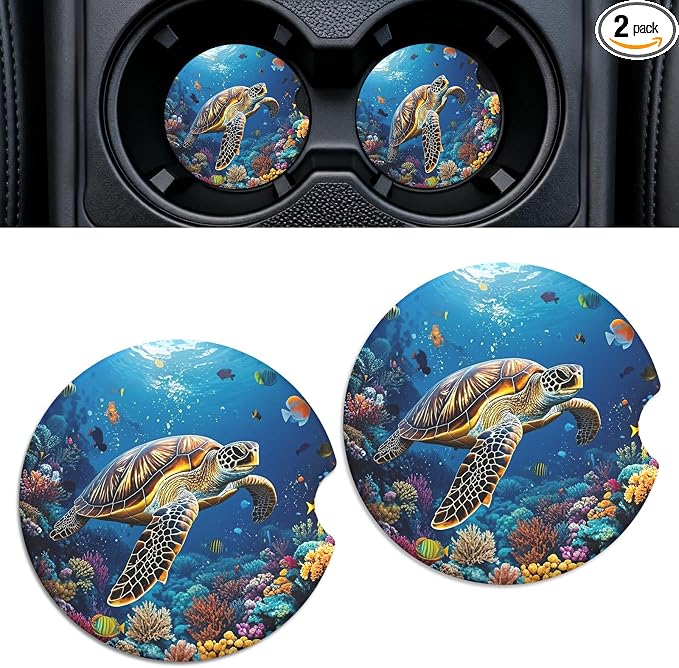 2 Pack Ceramic Car Coasters for Cup Holder, 2.56 in Anti Slip Absorbent Coaster with Cork Base and Finger Notch, Funny Cute Car Accessories for Women, BigTurtle