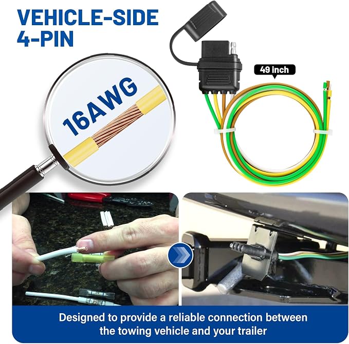MECMO 4 Pin Vehicle Side Trailer Wiring Harness 49 Inch, 16AWG 4 Prong Trailer Light Plug Socket with Dust Cover, Truck 4 Way Flat Trailer Connector Female 4 Wire Replacement Trailer Hitch Wiring 4ft