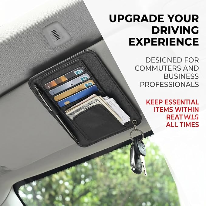 1 PC Car Sun Visor Organizer, Multifunctional Visor Storage with Card Slots and Pen Loop, for Sunglasses Documents and Cards, Universal for Most Cars, SUVs, Trucks (Black)