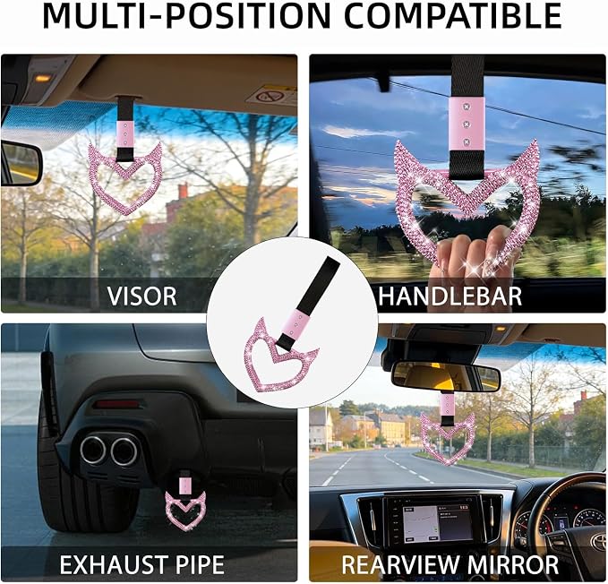 NBTEPEM Bling Heart Handle Keychains Bling Car Accessories for Women Hand Strap Drift Charm Rear Bumper Warning Ring Tsurikawa Heart Decor for Car Interior Exterior Decoration (Pink, Devil Style)