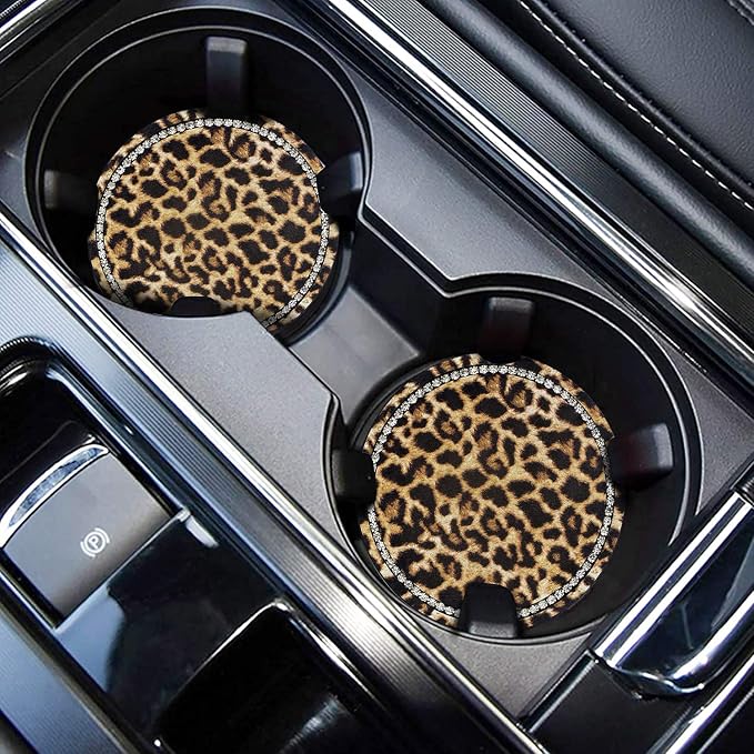 Leopard Print Bling Rhinestone Anti Slip Coasters - 2.75" Insert Suitable for Most Cars - 2PCS