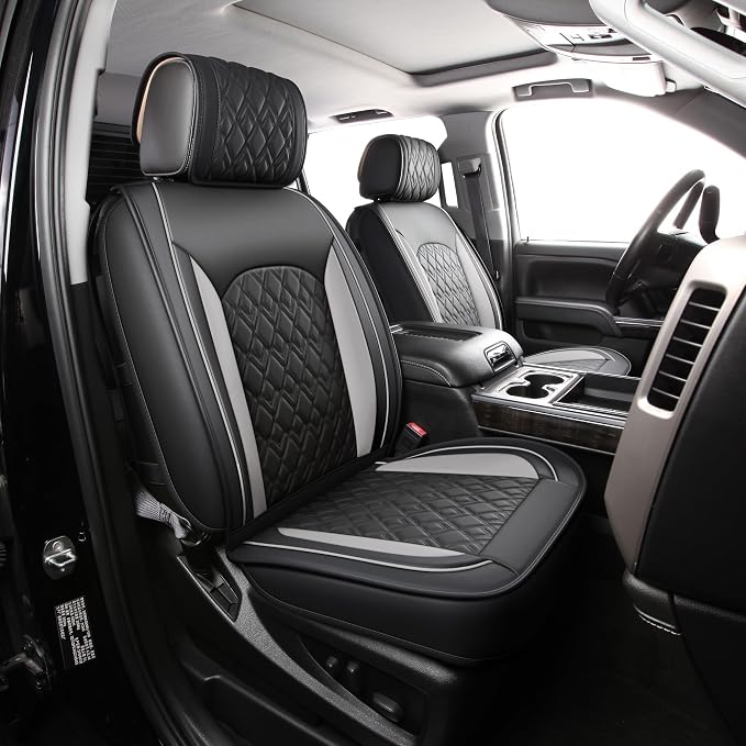 JOJOBAY Chevy Silverado Seat Covers,Leather Seat Covers for GMC Sierra,Custom Fit 2007-2024 1500 2500HD 3500HD Crew Double Extended Regular Cab,LT LZT RST(Full Set,Black Grey)