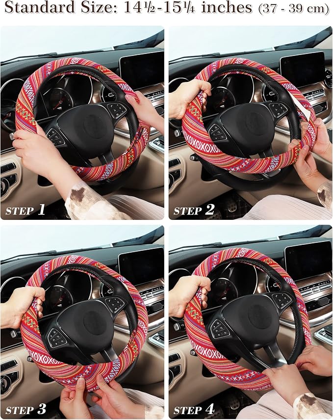 SEG Direct Boho Steering Wheel Cover, Baja Blanket Cloth, Coarse Flax | Bohemian Car Decor, Ethnic Style, Coarse Flax, Fabric Cover Fits 14 1/2-15 1/4 inches Standard Medium Size, for Women Men