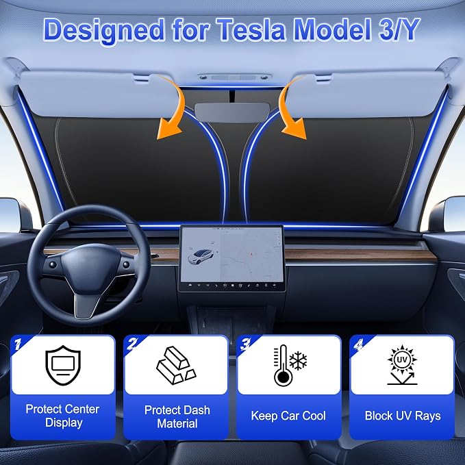 SINGARO Car Windshield Sun Shade, Foldable Reflective Sun Shade for Car Windshield, Compatible with Tesla Model Y Model 3 2016~2025