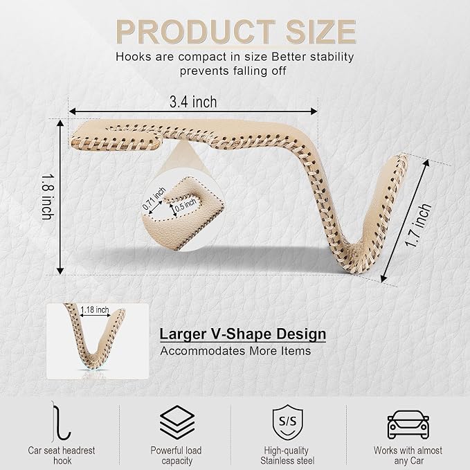 LivTee Beige Superior Leather Car Seat Back Headrest Hook, Auto Seat Hook Hangers Interior Accessories for Purse Coats Umbrellas Grocery Bags Handbag, 2-Pack