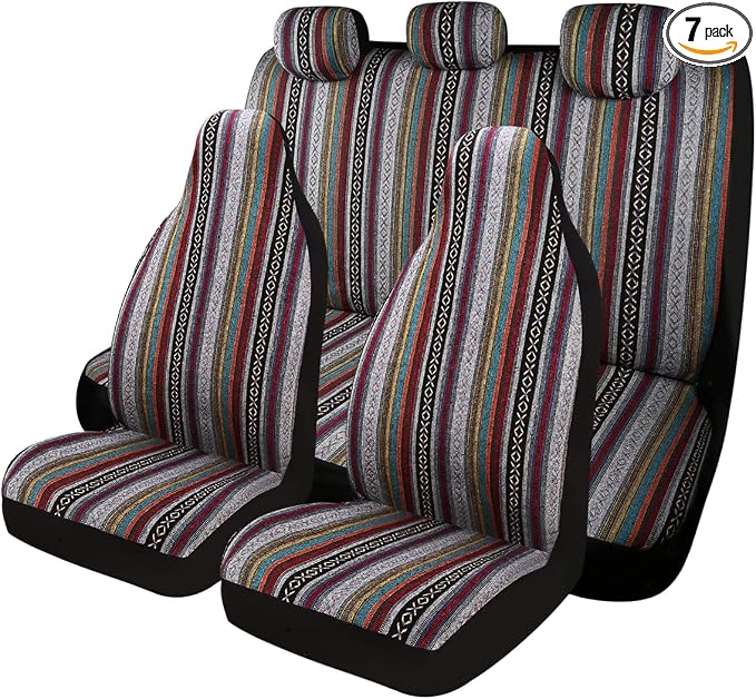 Baja Saddle Blanket Car Seat Covers 7PCS Full Set, Breathable and Washable Striped Woven Automotive Vehicle Seat Cover, Universal Seat Cover for Sedan, SUV, Airbag Compatible