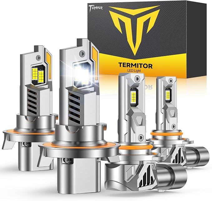 Termitor Latest H13/9008 H10 LED Bulbs Combo, 100,000LM 15X Ultra-Bright 6500K Cool White, Ford F-150 2004-2014, Real 1:1 Size 9008/H13 H10/9145/9140 LED Headlight Eyebrows, Plug N Play, Pack of 4