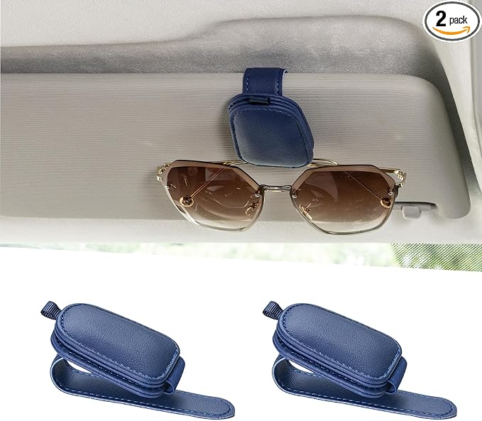 Yuoyar Magnetic Leather Sunglasses Holder for Car, 2 Packs (Blue) | Magnetic Car Visor Accessories