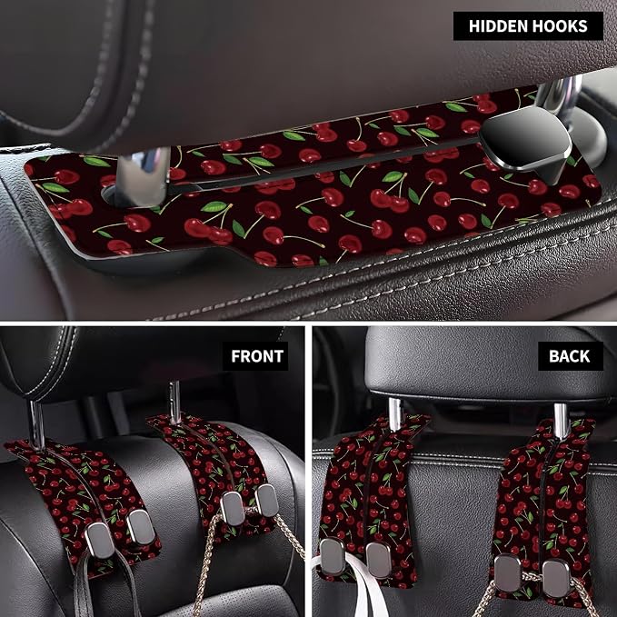 Car Seat Back Storage Headrest Hook, Premium Leather Double Metal Hook, Hanger Storage Organizer for Purse Cloth Bag, Car Interior Accessories Black Red Cherry