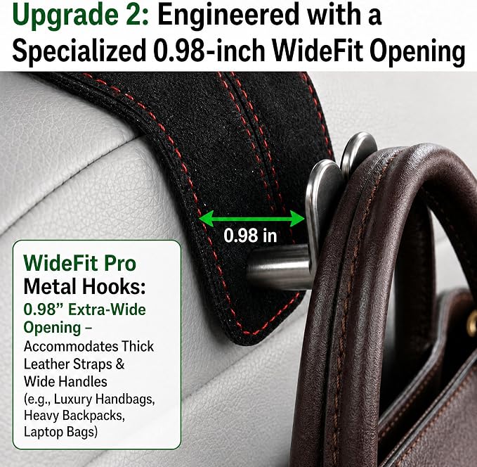 2Pcs Wide Car Headrest Hooks for Purses and Bags, 2026 Upgraded 0.98” Wide Opening for Thick Bag Handles, Premium Leather Car Seat Hanger with Dual Metal Hooks, WideFit Black