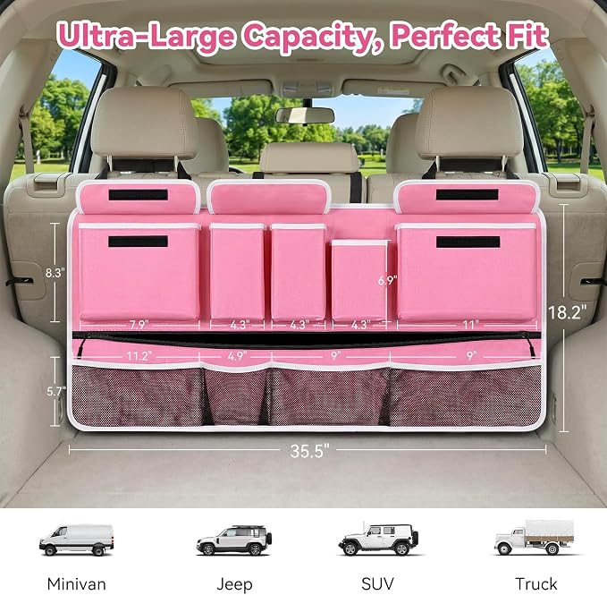 Rhino Valley Trunk Organizer for SUV, 35.5"x18.2" Foldable Hanging Storage & 10 Compartment Pockets, Waterproof and Washable Material Bag & Adjustable Straps, Car Trunk Organizer for SUV, MPV, Truck