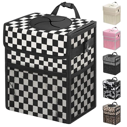 Capolo Car Trash Can with Lid, Leakproof Car Trash Bag Hanging Waterproof Automotive Garbage Can with Storage Pockets Mini Vehicle Trash Bin for Back/Front Seat(Black Square Grid,3 Gallon)