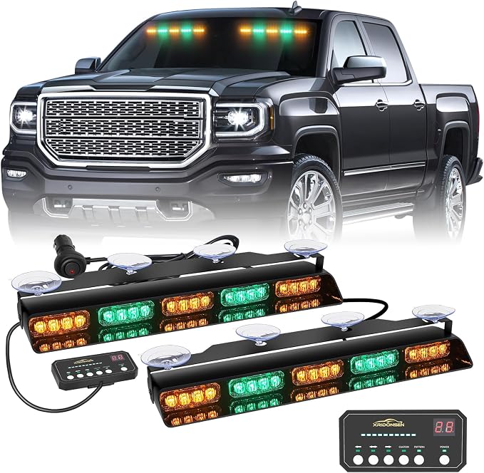 XRIDONSEN Amber Green Emergency Lights for vehicles, 40 LED Strobe Lights | 2x 17 inch Interior Front/Rear Windshield Dash Safety Warning Hazard Caution Light Bar for Tow/Plow Construction Vehicle