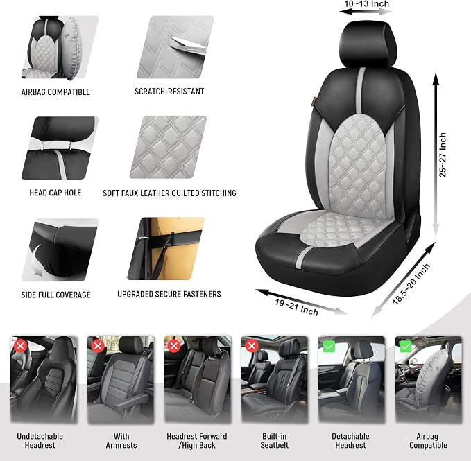 CAROMOP Luxury PU Leather Car Seat Covers Front Set, Anti-Stain Waterproof Automotive Seat Covers for Cars, Universal Car Interior Covers Seat Protectors for SUVs Pick-up Trucks(Dove Gray)