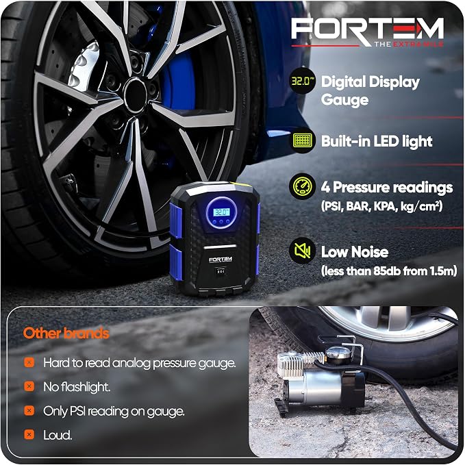 FORTEM Tire Inflator Portable Air Compressor, Air Pump for Car Tires and Bikes, Car Tire Pump w/Auto Shut Off, 150 PSI, 12V DC, LED Light, Carrying Case, Perfect For Men, Women