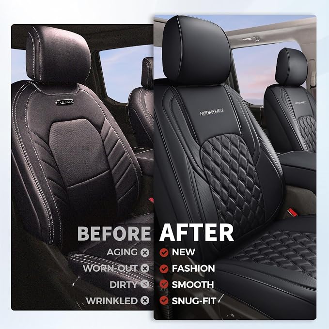Huidasource Wrangler JK Seat Cover 4 Door, Waterproof Leather Custom Car Seat Cover, Front&Rear Seat Cushion Protector Fit for Jeep Wrangler JK 4-Door Sahara Sport Rubicon 2007-2017(Full Set/Black)