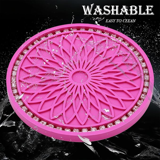 2PCS Bling Car Cup Holder Coasters, 2.75 Inch Silicone Anti-Slip Insert, Bling Shockproof Cup Mat for Women Girls, Universal Fit for Most Vehicles (Rose Red & White)