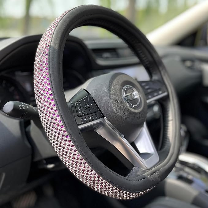 PINCTROT D Shaped Bling Comfy Steering Wheel Cover with Jumbo Crystal Rhinestones, Anti-Slip Diamond Leather, Flat Bottom 14.5-15 Inch (Purple)