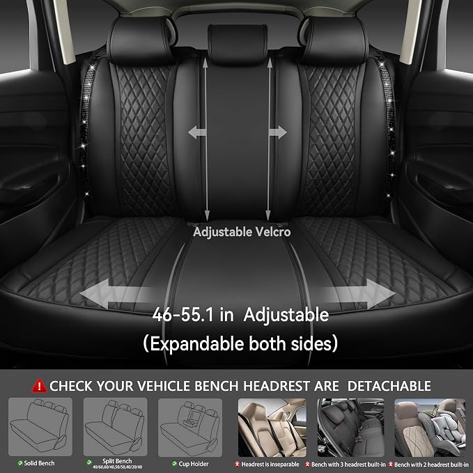 CAR PASS Bling Diamond Back Seat Covers, Nappa Leather Rear Seat Bench Cushion Waterproof Breathable Back Row Protector Universal Fit Car Sedan SUV Pickup Truck Shining Rhinestone Sparkle, Black