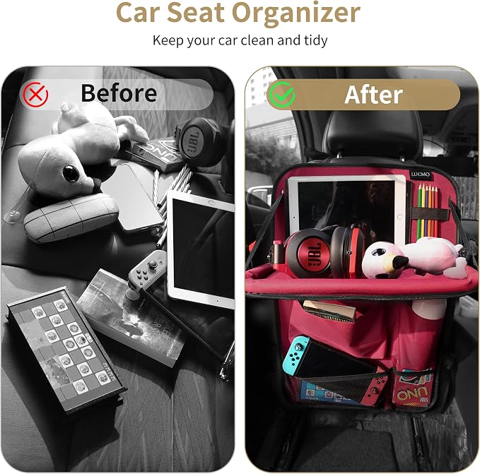 LUCMO Car Backseat Organizer with Foldable Tablet Holder,Red | 6 Storage Pockets,Foldable Food Tray,Protectors Kick Mats,Travel Accessories,Seat Cover,Road Trip Essentials