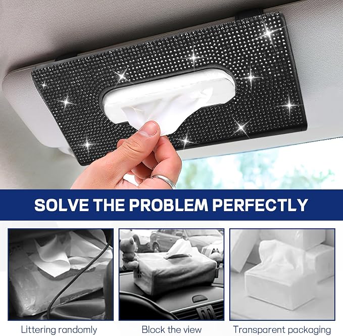 Bling Car Tissue Holder for Sun Visor, Crystal Rhinestone Visor Tissue Box, Leather Vehicle Paper Towel Case, Sparkling Auto Napkin Holder for Women, Car Accessories Decoration (Black)