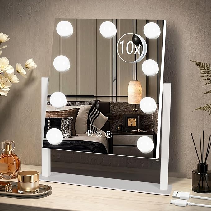 Ratsamee Rechargeable Hollywood Vanity Mirror with Lights, 13"×15" LED Makeup Mirror, Smart Touch Control, Makeup Mirror for Bedroom, Vanity Desk, Beauty Routine