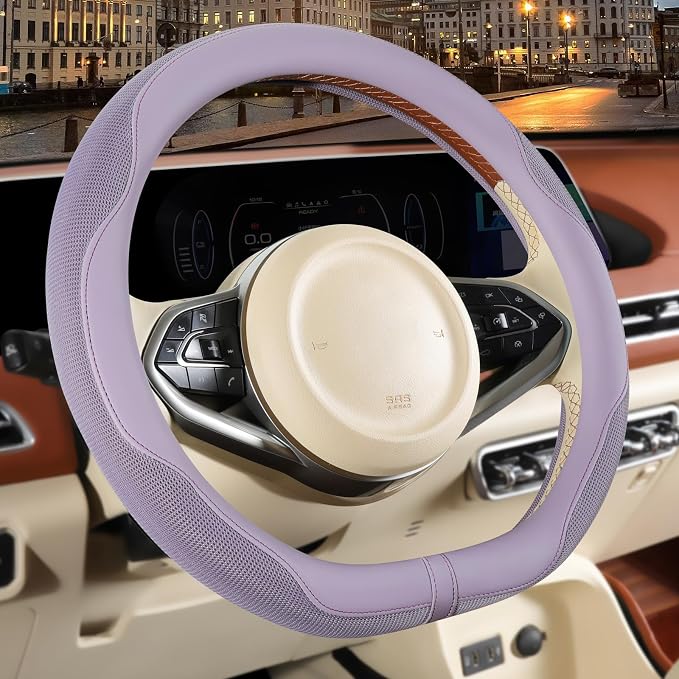 Nappa Leather Purple D Shaped Steering Wheel Cover 14 inch | Non-Slip Breathable Ice Silk Fabric, Warm in Winter and Cool in Summer, Small 13.5 inch to 14 inch for Prius Golf Cart
