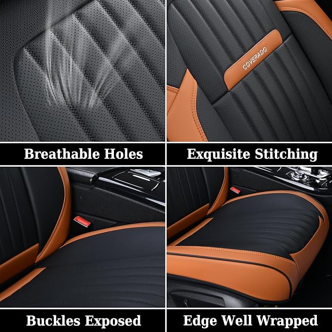 Coverado Car Seat Covers Full Set, Nappa Leather Seat Covers for Cars, Car Seat Protector Car Seat Cushion, Front and Back Seat Protectors Cushions Universal Fit for Most Cars Vehicles(Brown&Black)