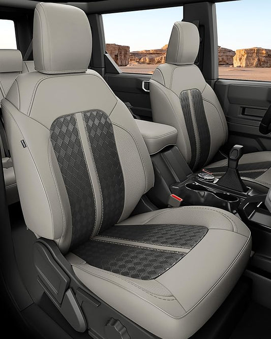 Custom Fit Leather Seat Covers for 2021-2026 Ford Bronco 4 Door | OEM fit, premium waterproof leather, full coverage, anti-slip, storage pockets, long-term durability, airbag compatible