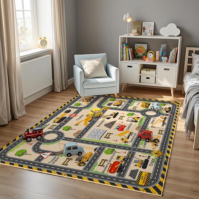 Kids Construction Playroom Rug, Faux Wool Excavator Map, Non-Slip, 5 x 7 ft | Excavator and truck design; Construction-site play; Soft faux wool surface; Non-slip backing; Easy-care finish