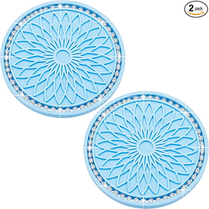2PCS Bling Car Cup Holder Coasters, 2.75 Inch Silicone Anti-Slip Insert, Bling Shockproof Cup Mat for Women Girls, Universal Fit for Most Vehicles (Light Blue & White)