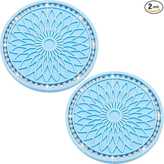 2PCS Bling Car Cup Holder Coasters, 2.75 Inch Silicone Anti-Slip Insert, Bling Shockproof Cup Mat for Women Girls, Universal Fit for Most Vehicles (Light Blue & White)