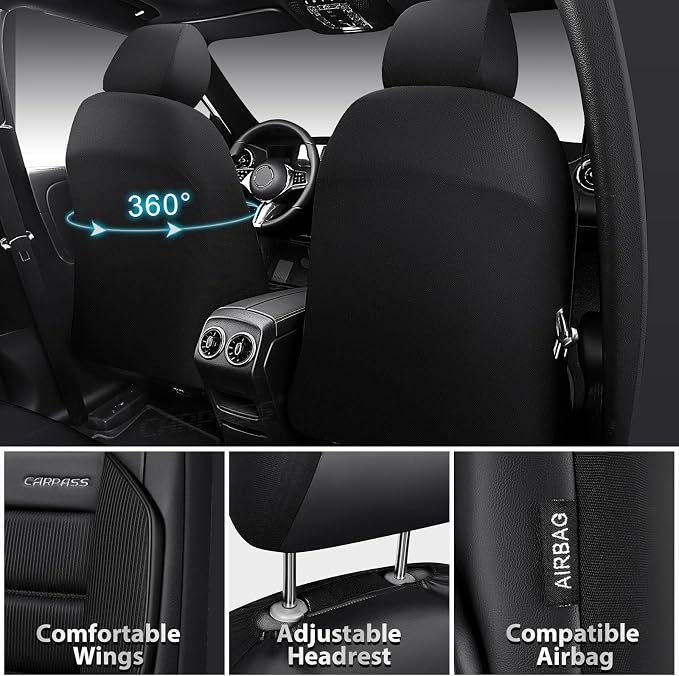 CAR PASS Memory Foam Seat Covers Front, Airy Cool Mesh Thick Car Seat Covers, Leather Car Seat Covers Front Seats Airbag Compatible, Universal Automotive Comfort for Most Cars, Trucks, SUV, Black