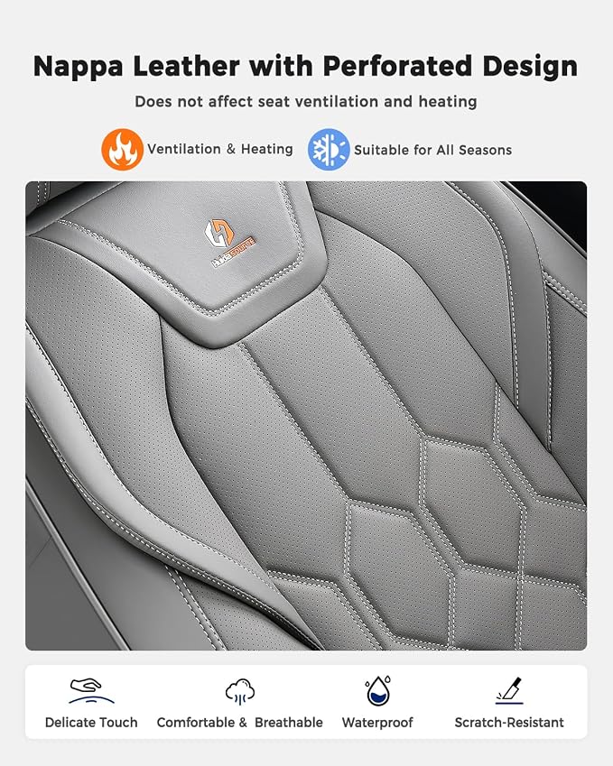Huidasource Seat Covers Full Set, Universal Fit for Cars SUVs Trucks, Gray | Full Coverage Leather Car Seat Cover, Airbag, Cupholder Compatible, Seat Function Retain, Velcro Adjustable