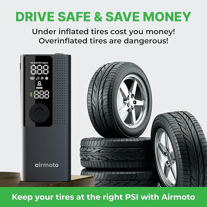 Airmoto Tire Inflator Portable Air Compressor - Air Pump For Car Tires with Digital Pressure Gauge, LED Light and Auto Shut-Off Function - Cordless Pump for Car, Motorcycle, Bicycle, Ball