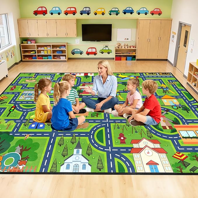 Large City Road Map Carpet for Playroom, Kids Play Mat Car Rug 6x8 Feet, Non Slip Floor Area Mat with Zoo Airport Pizza Shop, Educational Traffic Track Rug for Boys Girls Bedroom